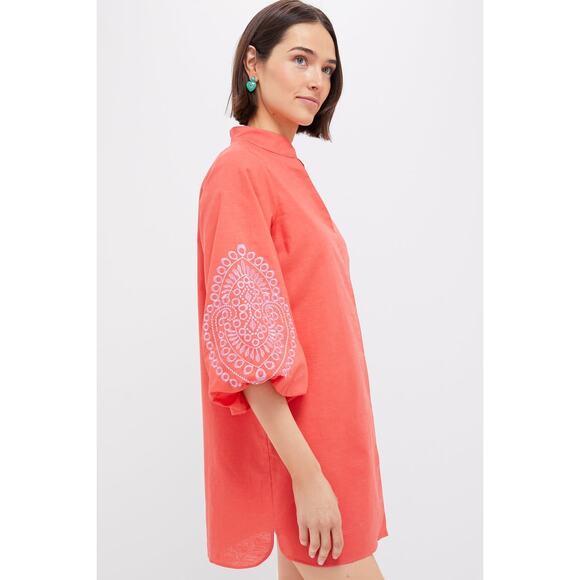 HYACINTH HOUSE Coral with Lavender Embroidery Mini Wisteria Caftan Size XS NWT - Picture 5 of 7